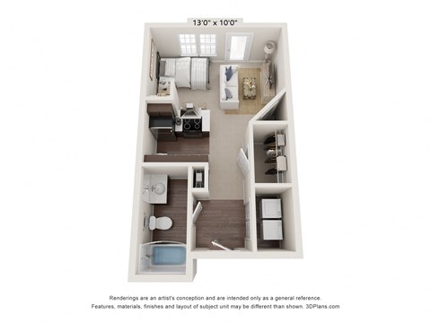 a stylized floor plan with a bedroom and a living room